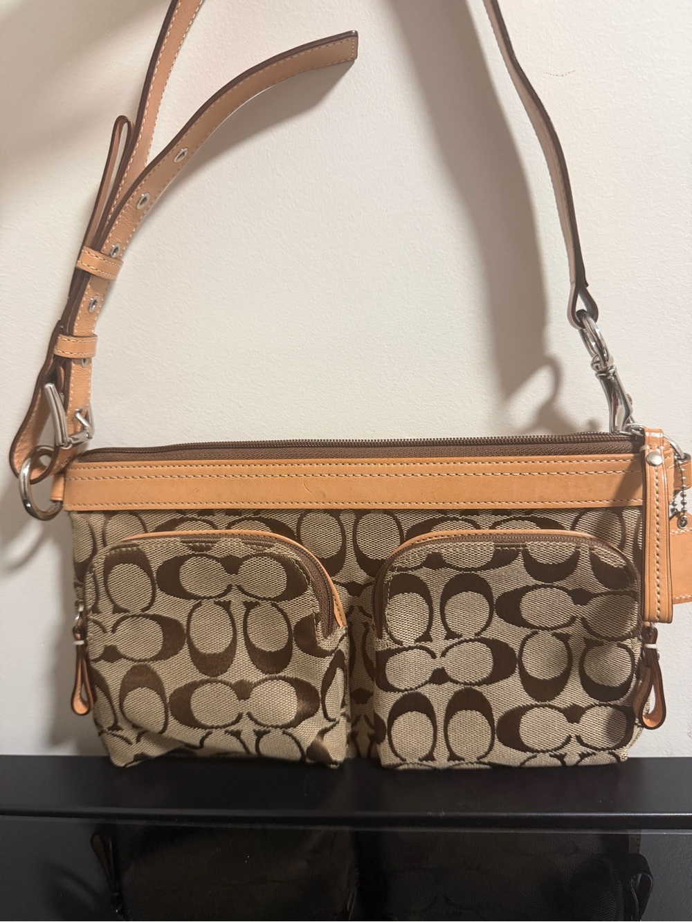 Coach Signature Canvas Y2K Shoulder Bag with Leather Trim